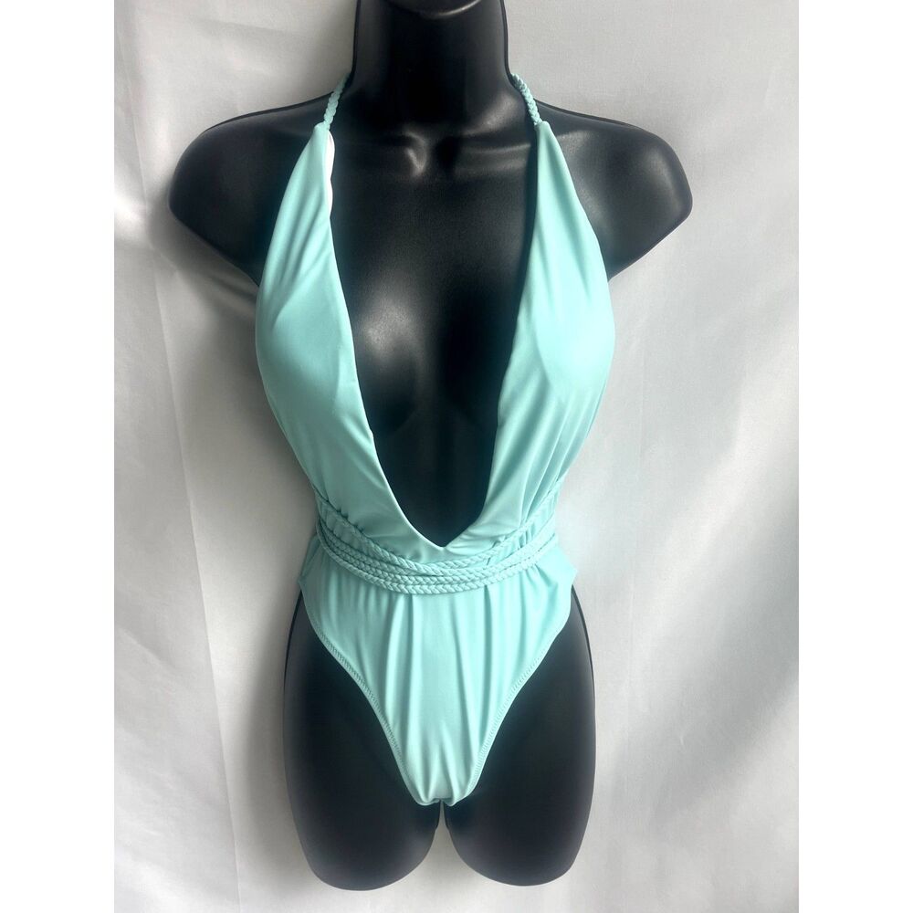 Baby Blue One Piece Swimsuit Deep Cutout Ties Open Back Barbie Barbiecore Size M